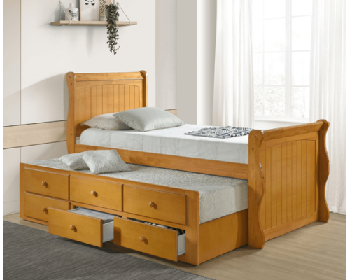Captains Sleigh Style Oak Guest Bed with Storage Drawers
