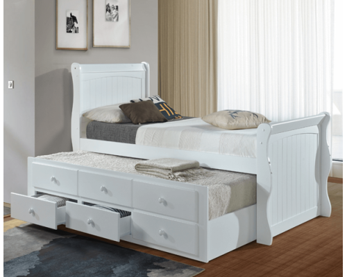 Captains Sleigh Style White Guest Bed with Storage Drawers