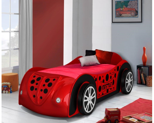 Kids Red Beetle Novelty Car Bed with LED Lights and 3D Alloy Wheels